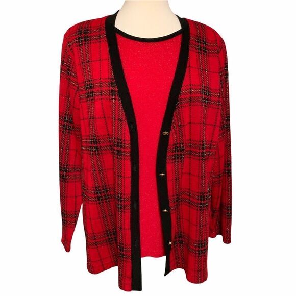 Cathy Daniels red and black plaid with metallic threads with shell attached Lg - Picture 3 of 7